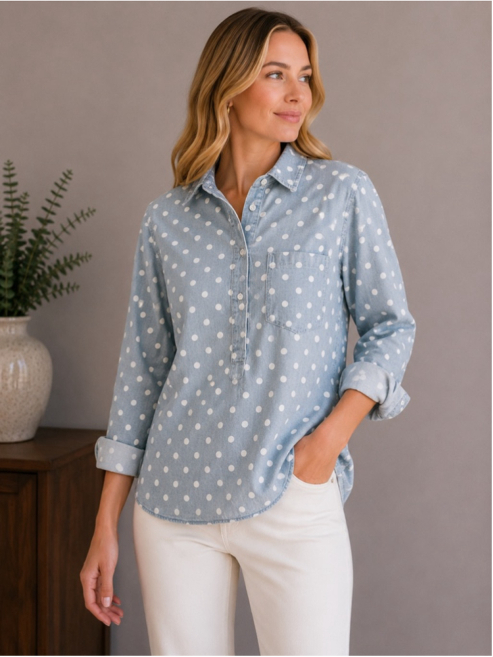 Women's Tommy Hilfiger Button Down Shirt, L, Blue Polka Dot Summer